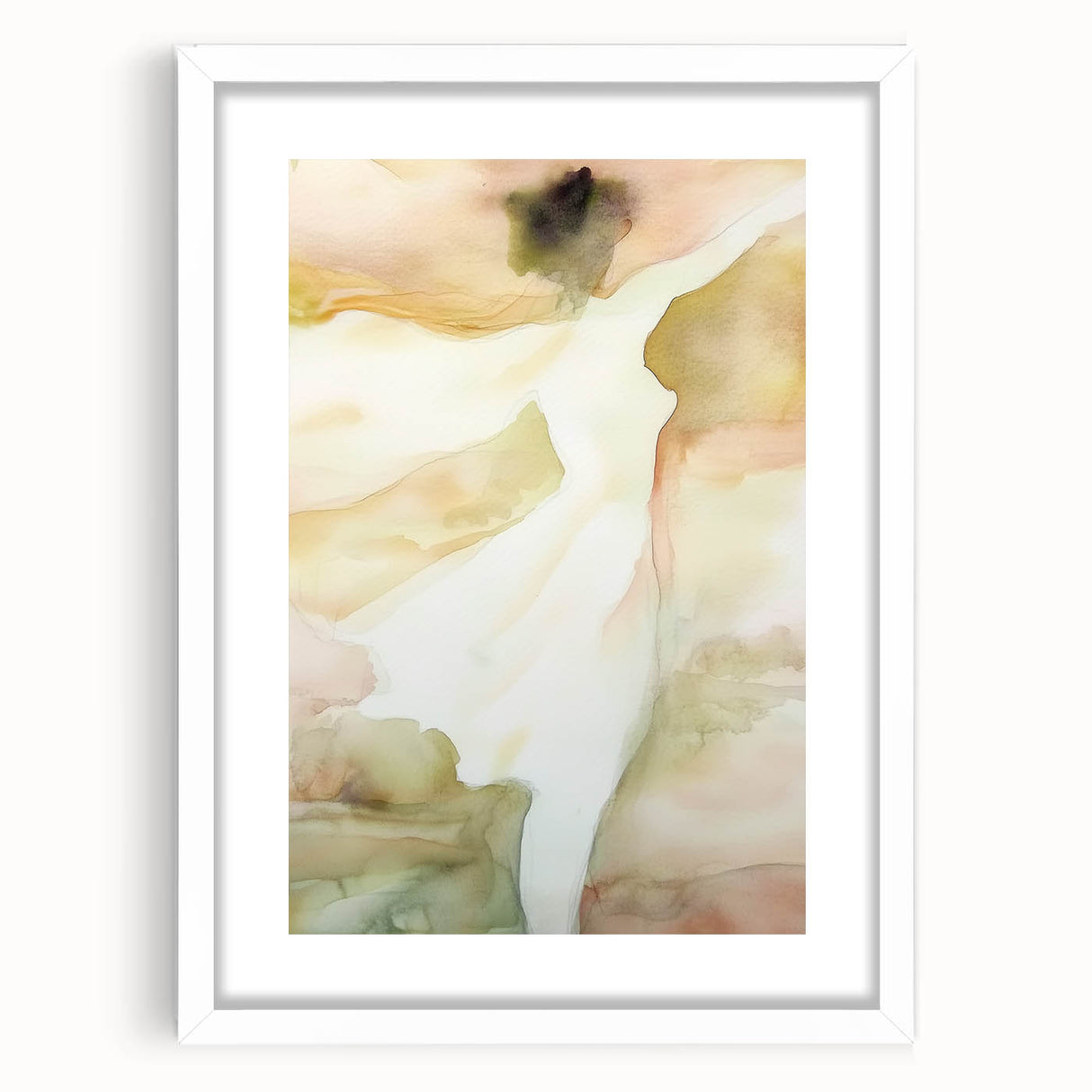 Abstract figurative artwork framed in a white mat, showcasing an elegant design with soft colors and fluid shapes, perfect for modern home decor accents.