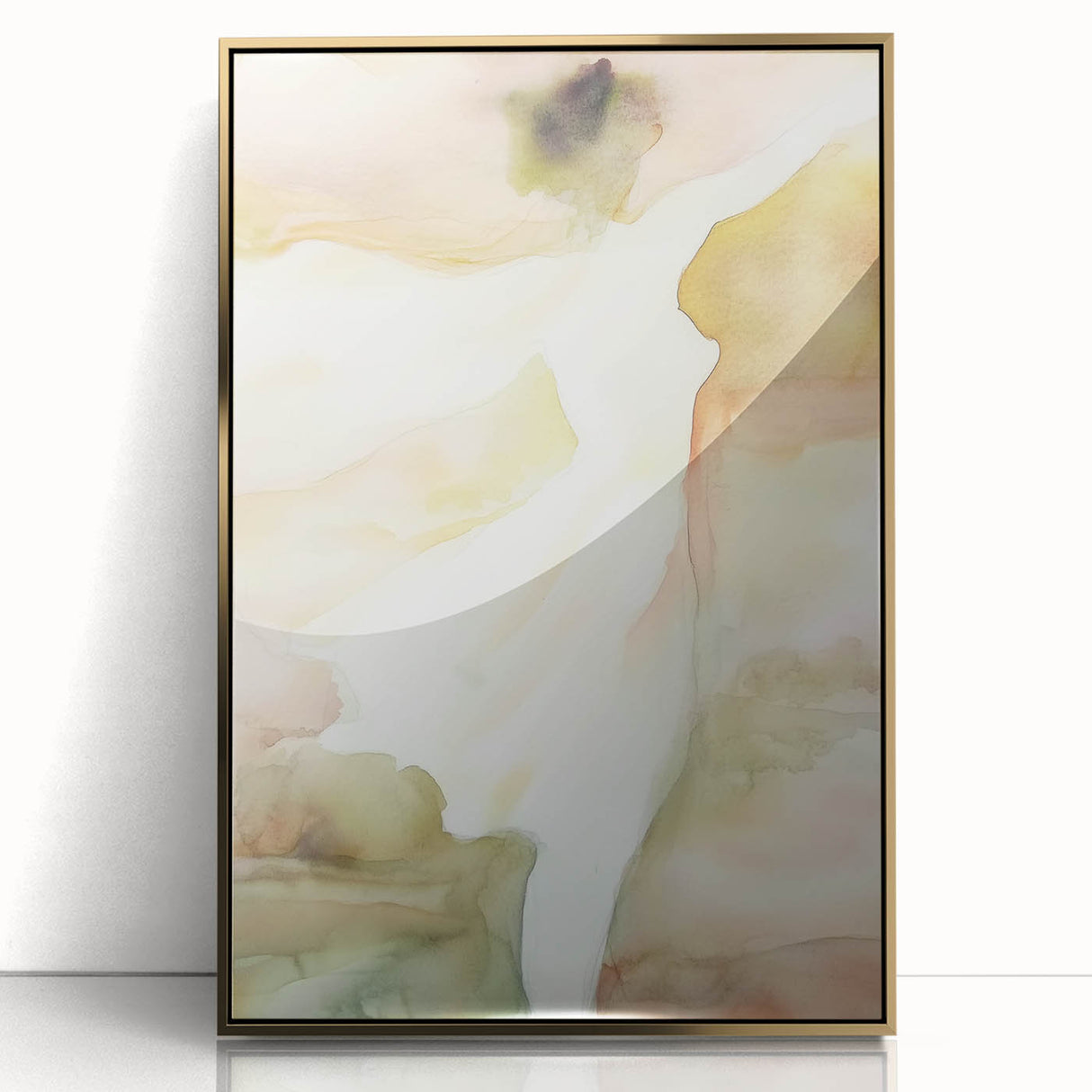 Framed abstract figurative art piece with gold accents, showcasing dynamic shapes and lines against a vibrant background, ideal for modern home decor.