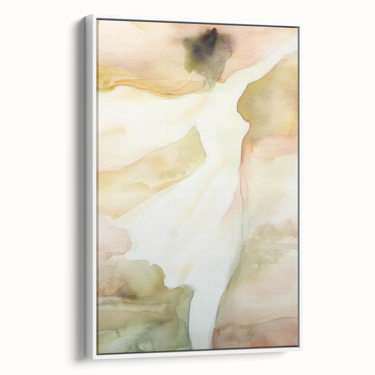 Framed abstract figurative canvas artwork showcasing a dynamic design with soft colors, displayed from a side view against a neutral background, perfect for contemporary decor.