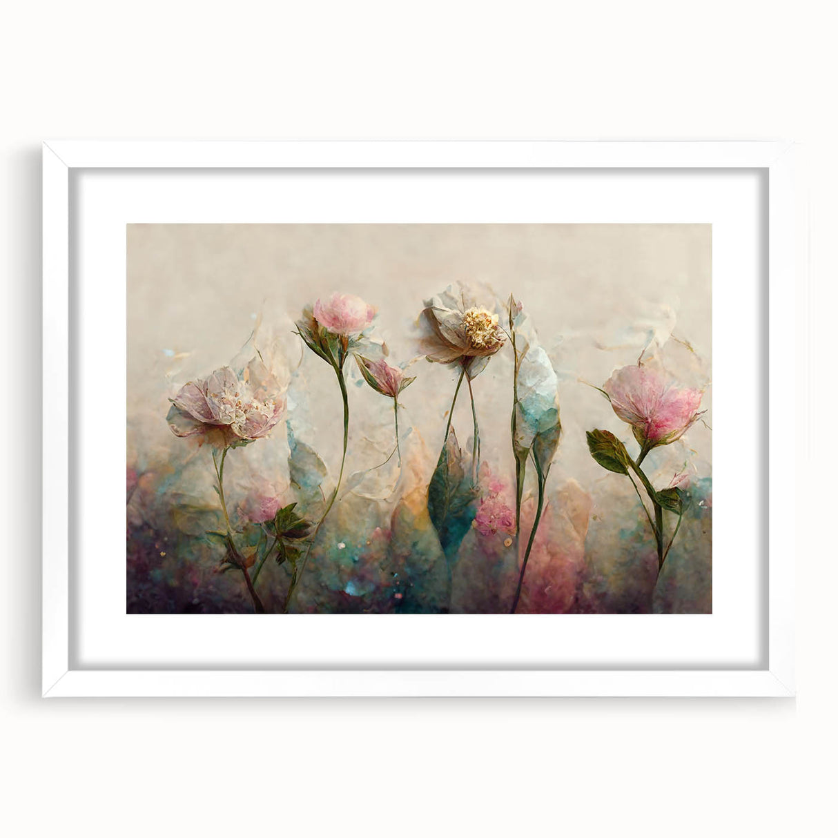 Framed abstract floral wall art with a white mat, showcasing vibrant colors and intricate designs, perfect for modern home decor or office spaces.