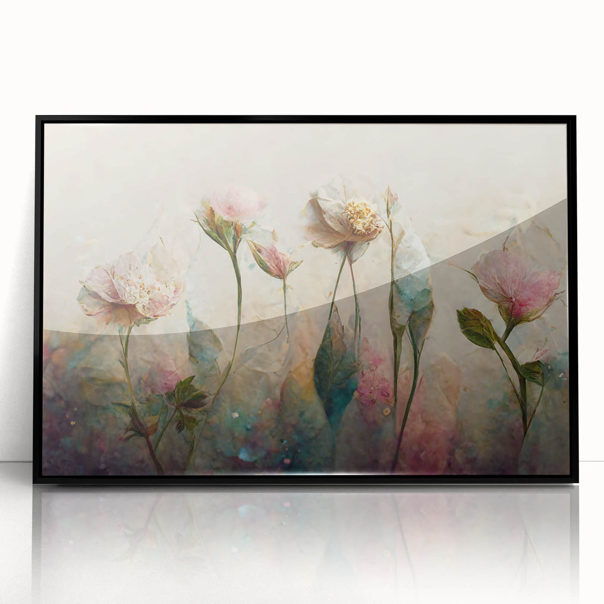 Framed abstract floral wall art featuring vibrant colors and intricate designs, set against a sleek black frame, ideal for modern home decor enhancement.