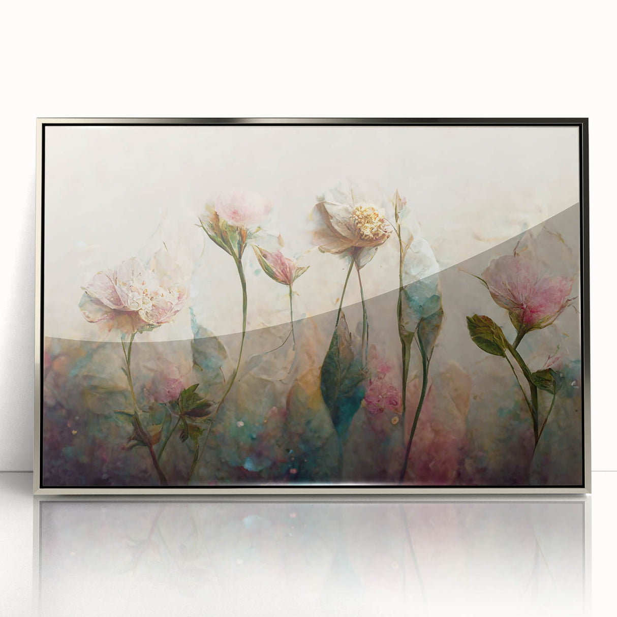 Framed abstract floral wall art in silver acrylic, showcasing vibrant colors and intricate designs, perfect for modern home decor and artistic enhancement.