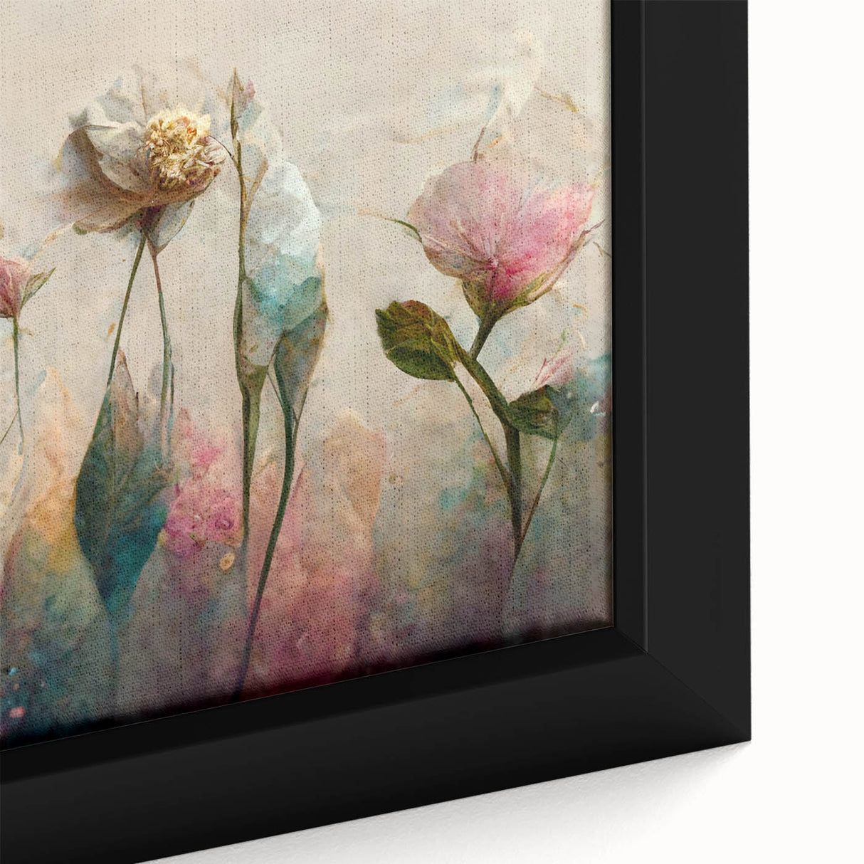 Close-up of an abstract floral wall art piece featuring vibrant colors and intricate details, framed in a sleek black frame, perfect for modern decor.