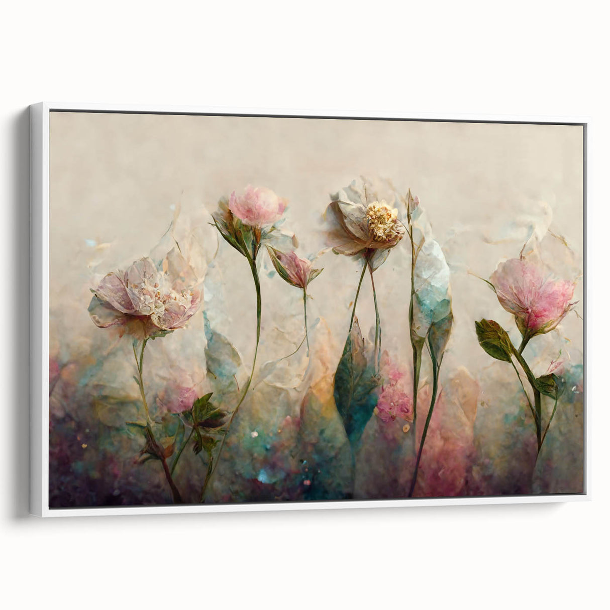 Framed abstract floral wall art with vibrant colors and intricate patterns, showcased in a white frame, adding elegance to home decor. Perfect for modern interiors.
