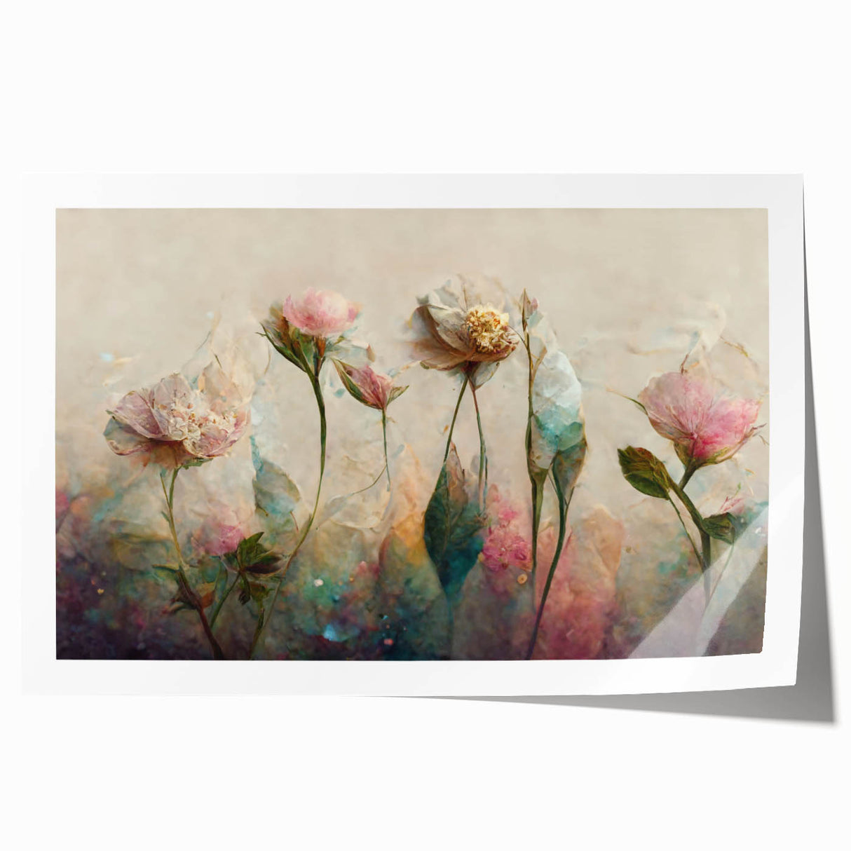 Vibrant abstract floral wall art print showcasing colorful blooms and dynamic shapes on a textured background, ideal for modern home decor.