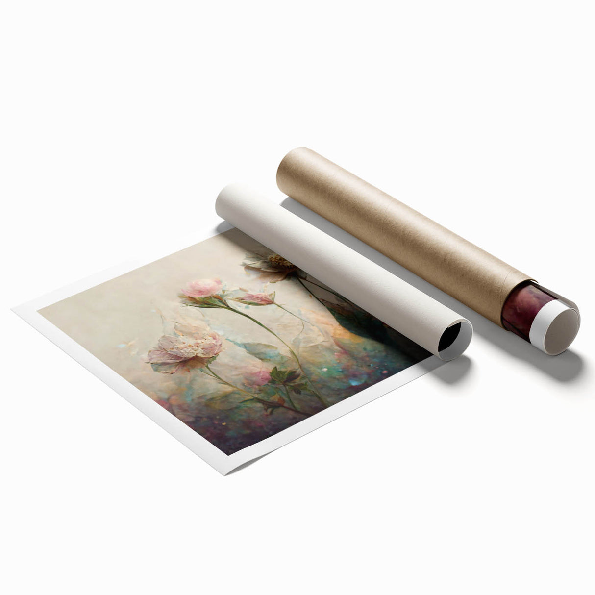 Abstract floral wall art print showcasing vibrant colors like pink, blue, and green, perfect for modern home decor; rolled and ready for framing or display.