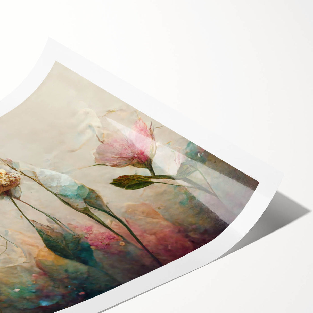 Abstract floral wall art print showcasing vibrant colors and intricate patterns on a rolled canvas, ideal for modern home decor and artistic spaces.