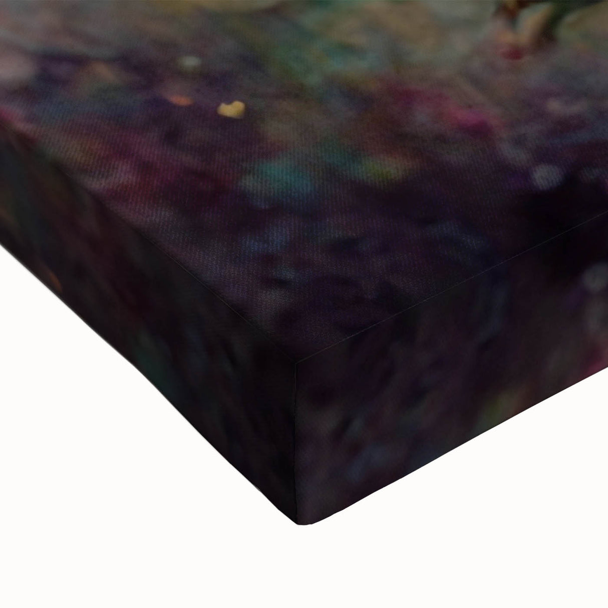 Close-up of vibrant abstract floral wall art on stretched canvas, showcasing intricate brush strokes and rich colors, perfect for modern home decor.