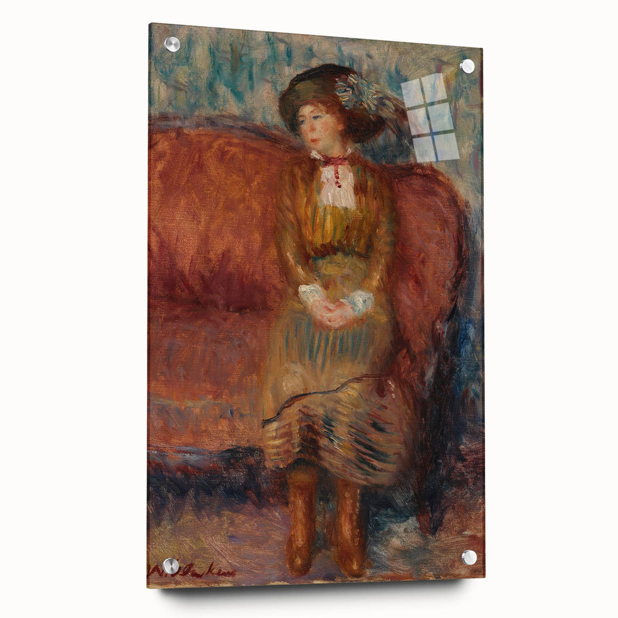 Modern Wall Art - Woman Seated on Red Sofa in Vibrant Impressionist Style