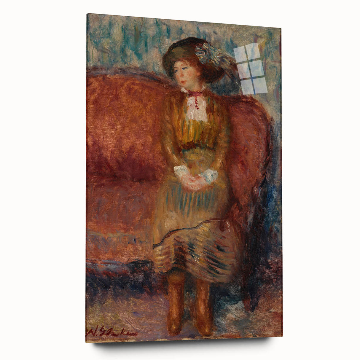 Modern Wall Art - Woman Seated on Red Sofa in Vibrant Impressionist Style