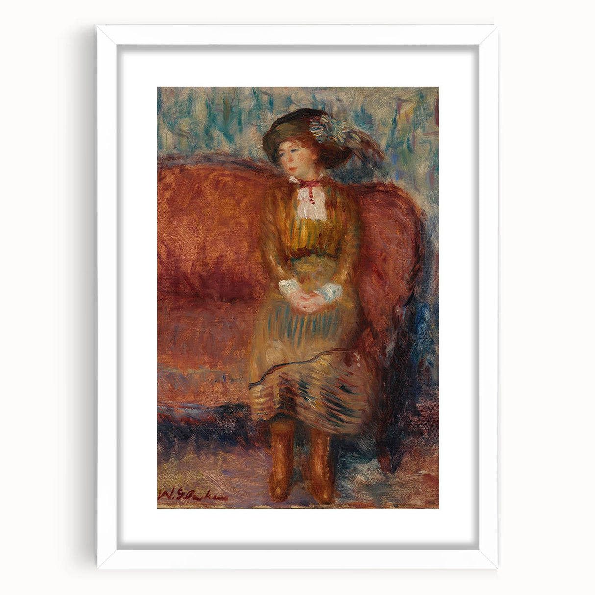 Modern Wall Art - Woman Seated on Red Sofa in Vibrant Impressionist Style