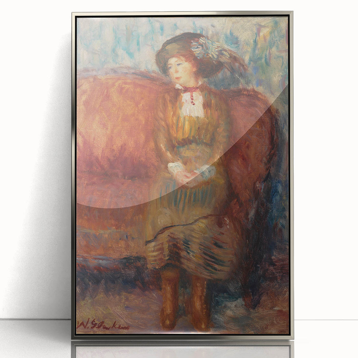 Modern Wall Art - Woman Seated on Red Sofa in Vibrant Impressionist Style