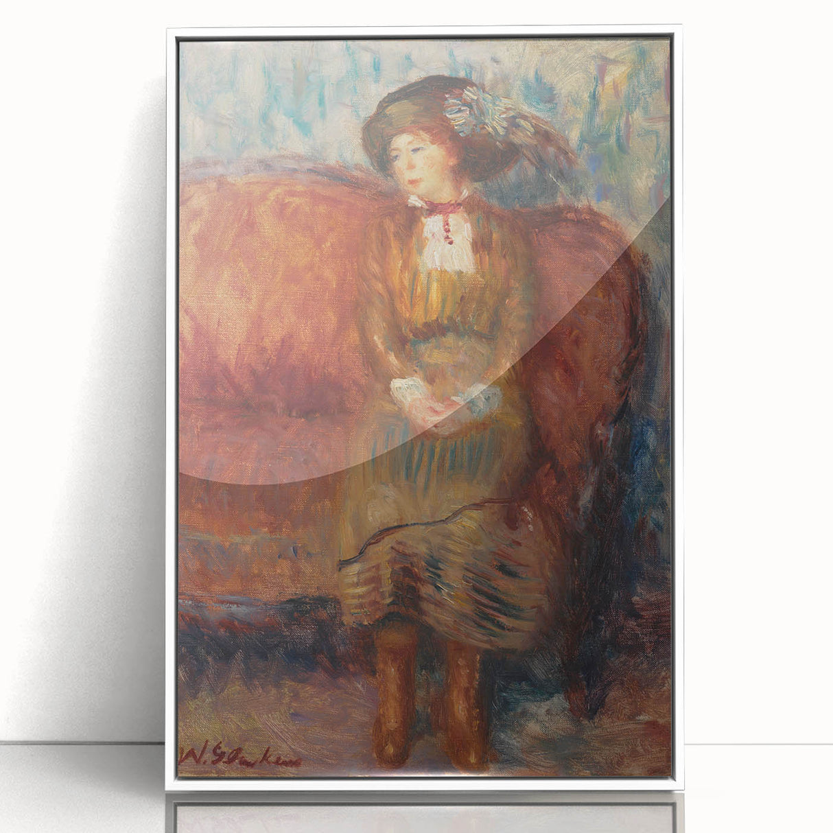 Modern Wall Art - Woman Seated on Red Sofa in Vibrant Impressionist Style