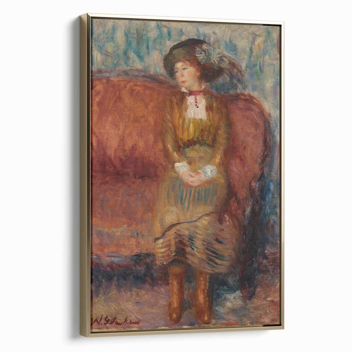 Modern Wall Art - Woman Seated on Red Sofa in Vibrant Impressionist Style