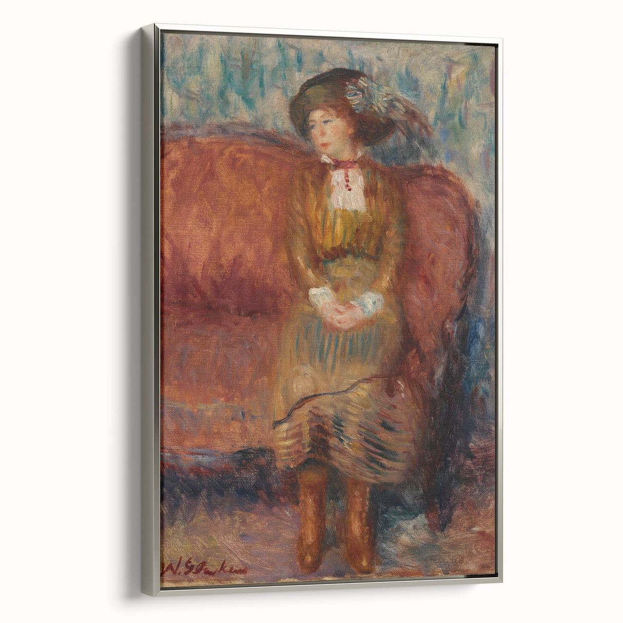 Modern Wall Art - Woman Seated on Red Sofa in Vibrant Impressionist Style