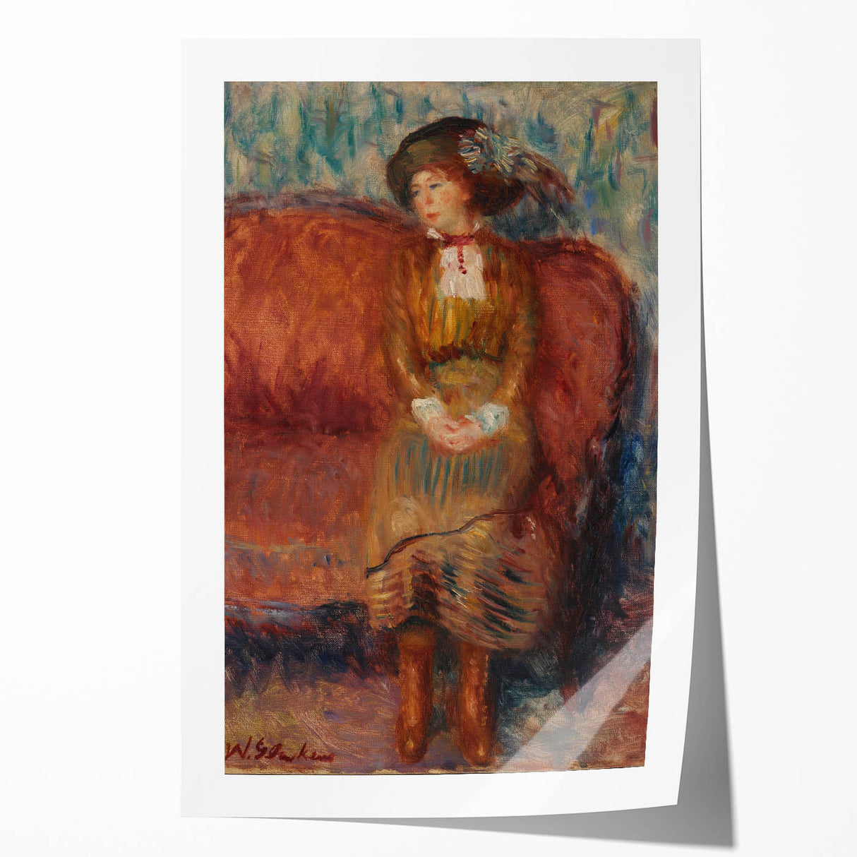 Modern Wall Art - Woman Seated on Red Sofa in Vibrant Impressionist Style