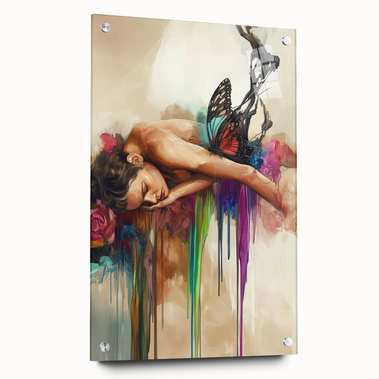 Abstract acrylic figurative artwork displayed from a side view, showcasing vibrant colors and intricate pin details, perfect for modern home decor.