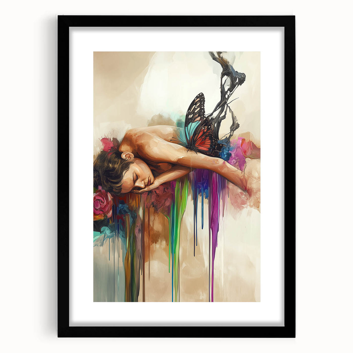 Abstract figurative artwork framed in sleek black, showcasing vibrant colors and dynamic shapes, ideal for modern home decor and artistic expression.