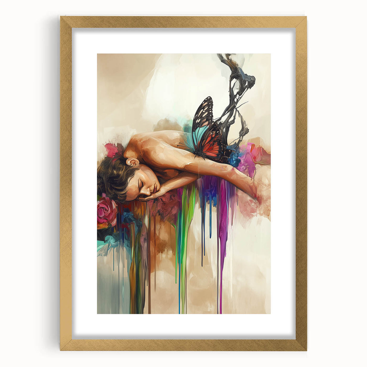 Abstract figurative art frame in matte gold, showcasing a unique design with intricate details and textures, perfect for enhancing modern home decor.