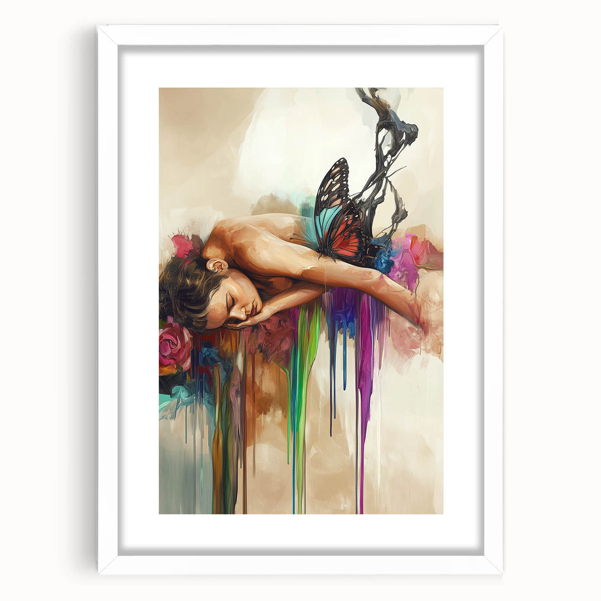 Abstract figurative art frame with a white mat, showcasing a modern design in a front view, ideal for contemporary home decor and gallery settings.