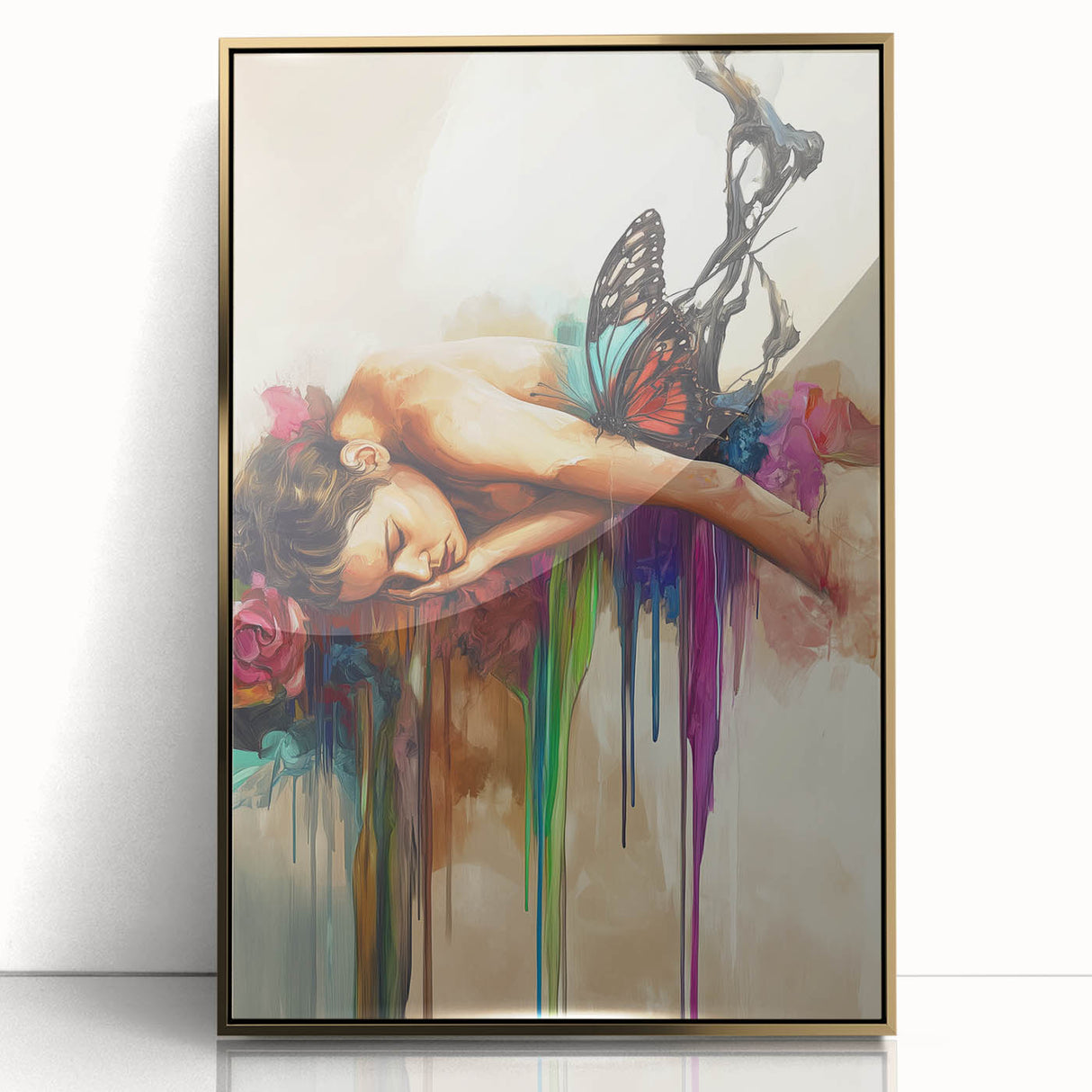 Framed abstract figurative artwork with gold accents, showcasing dynamic shapes and vibrant colors, ideal for modern home decor or art collections.