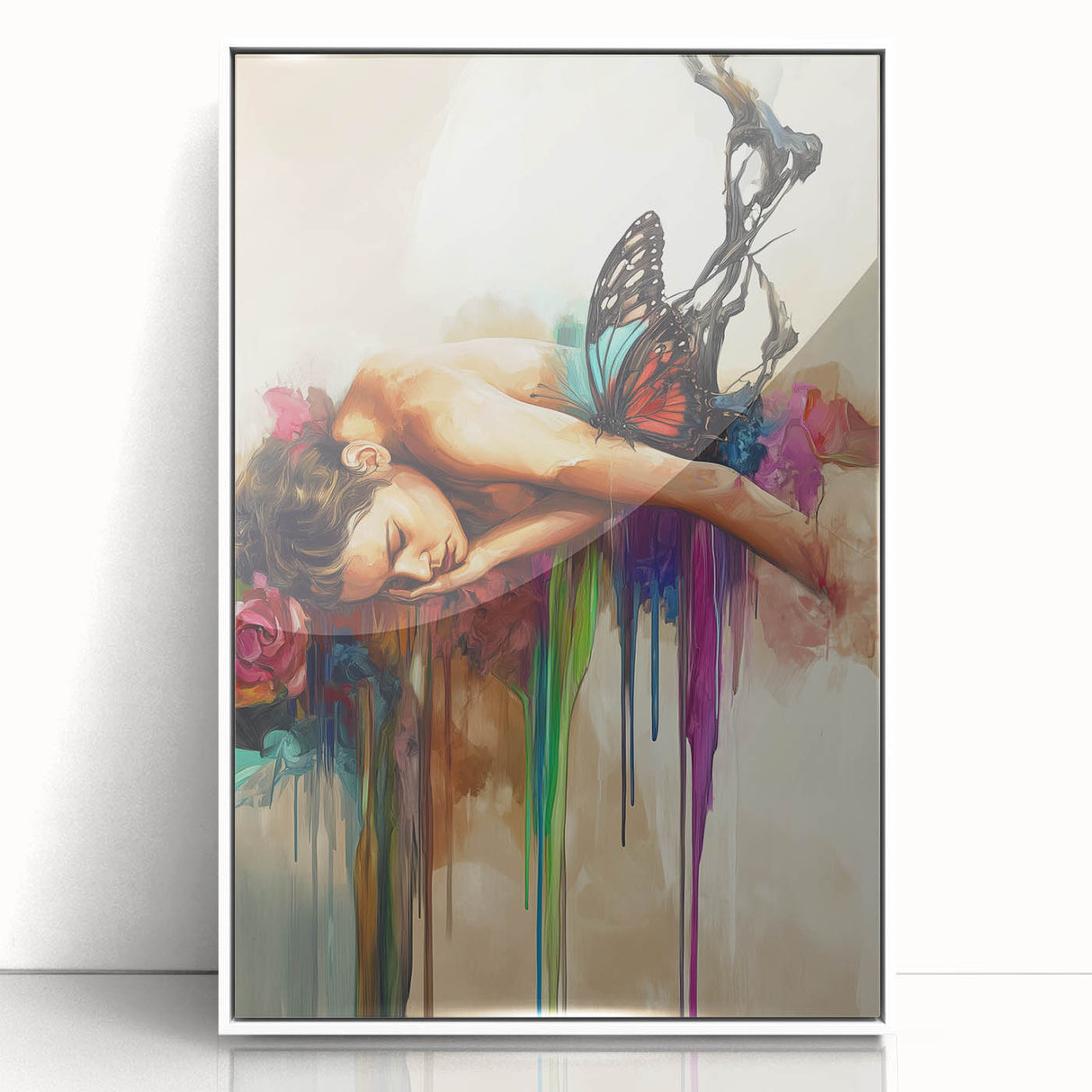 Abstract figurative framed acrylic artwork showcasing vibrant colors and dynamic shapes, perfect for modern home decor, displayed from a front view against a neutral background.