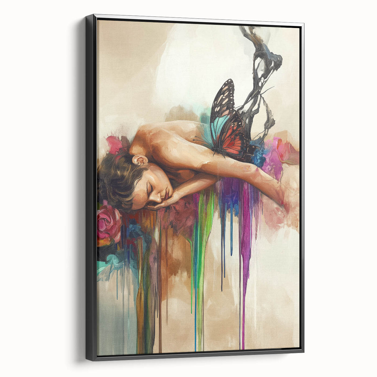 Abstract figurative framed canvas artwork showcasing a striking black design, elegantly displayed in a contemporary setting, highlighting modern artistic expression.