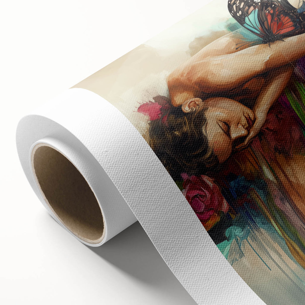 Abstract figurative rolled canvas artwork showcasing vibrant colors and dynamic shapes, ideal for modern home decor, packaged securely in a durable tube.