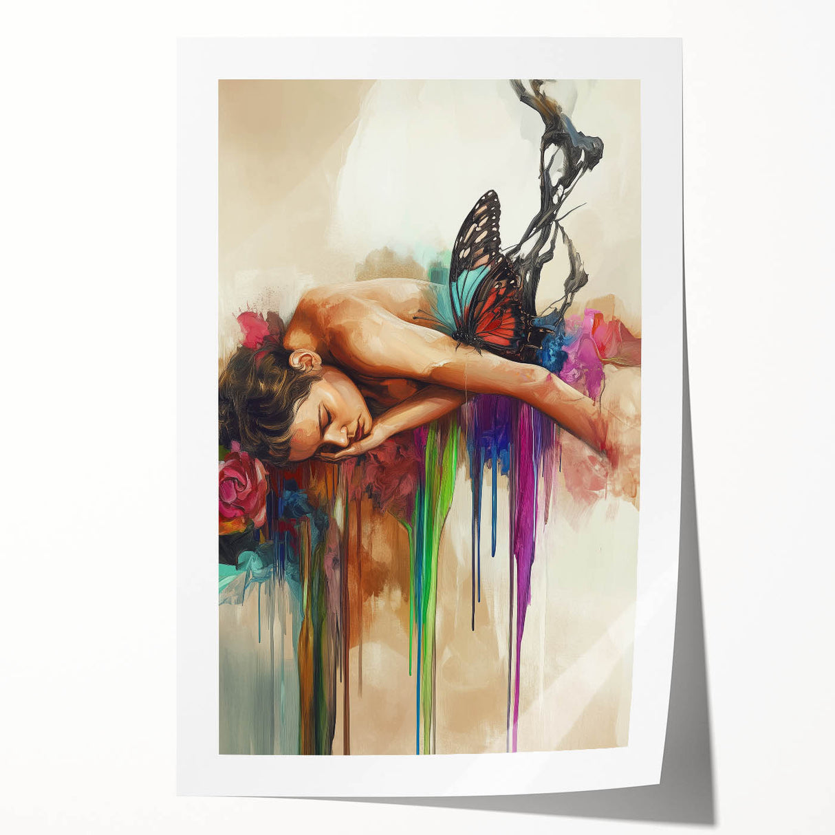 Abstract figurative wall art print showcasing vibrant colors and dynamic shapes, rolled for easy transport and storage, ideal for modern home decor.