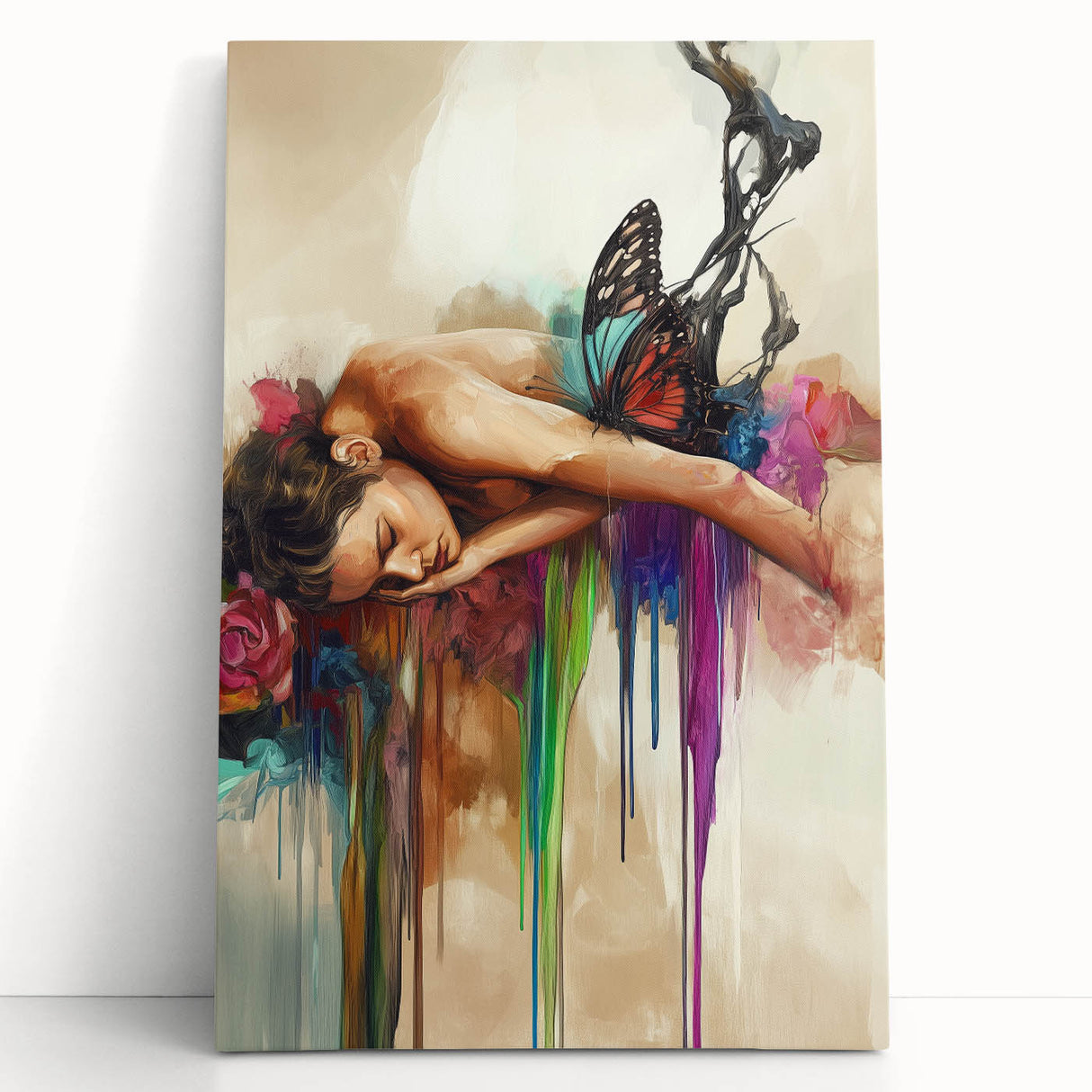 Abstract figurative stretched canvas artwork in vibrant colors, leaning against a textured wall, showcasing modern design elements perfect for contemporary decor.