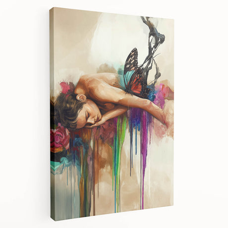 Abstract figurative canvas artwork showcasing vibrant colors and dynamic shapes, beautifully stretched for display. Ideal for modern home decor and artistic expression.