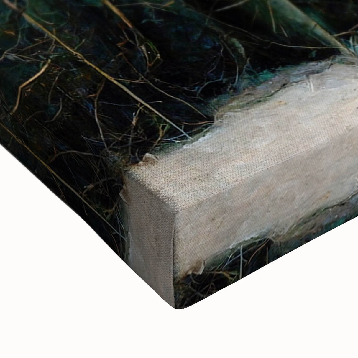 Close-up of vibrant abstract floral wall art on stretched canvas, showcasing intricate brush strokes and rich colors, perfect for home decor.