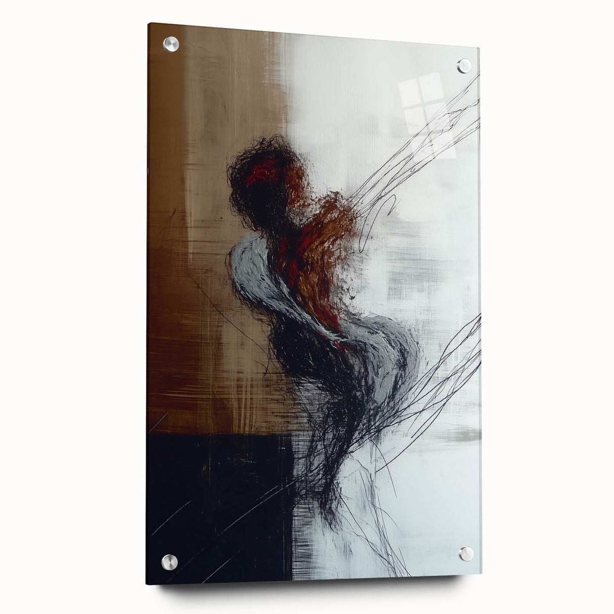 Abstract acrylic artwork displayed in a glass frame, showcasing vibrant colors and a unique figurative design, accented with decorative pins. Ideal for modern home decor.