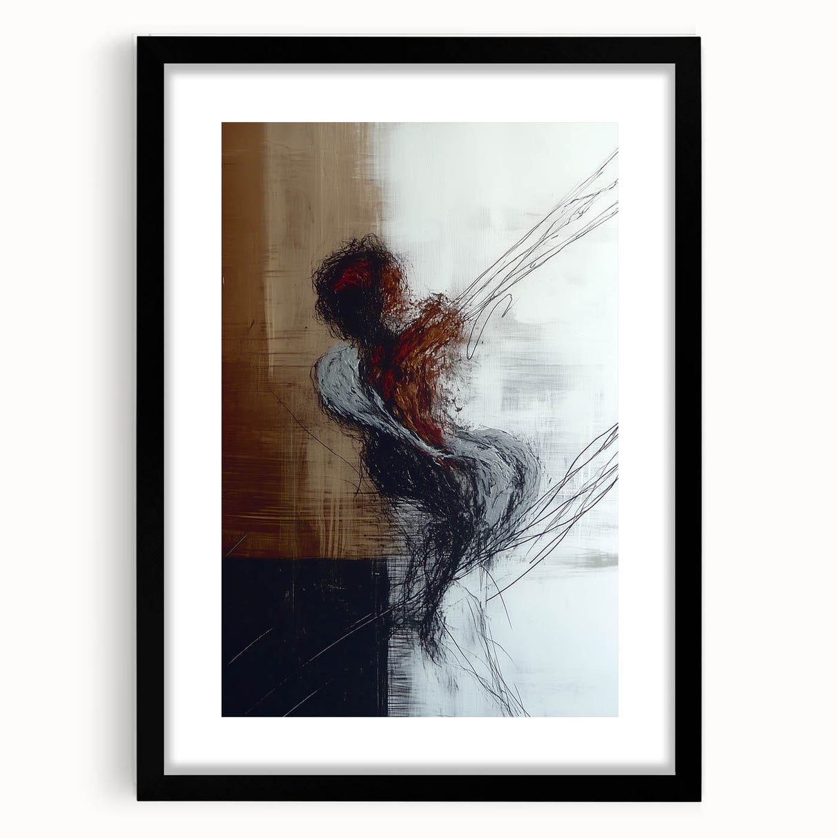 Abstract figurative frame with a black mat, showcasing a modern artistic design, perfect for contemporary home decor accents. Ideal for framing artwork or photography.