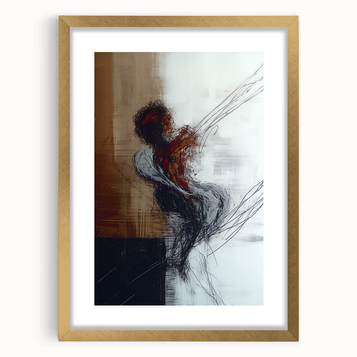 Abstract figurative frame with a gold mat, showcasing a vibrant design that adds elegance to decor. Ideal for modern interior aesthetics and artistic displays.