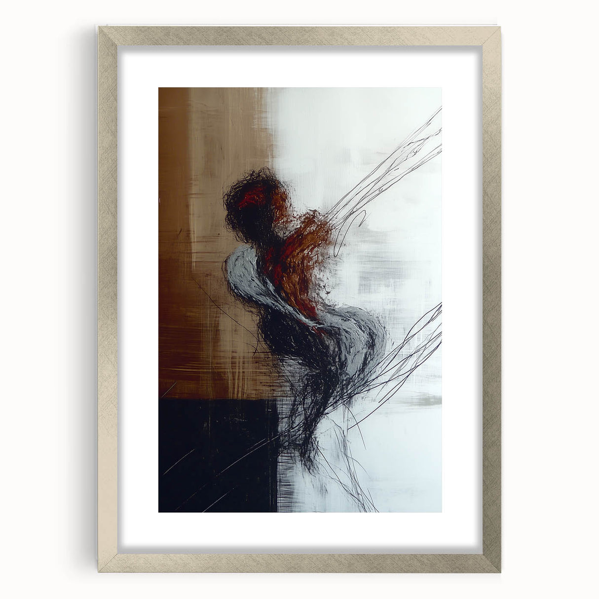 Abstract figurative silver frame with a mat, showcasing a modern design ideal for contemporary decor, highlighting intricate patterns and textures.