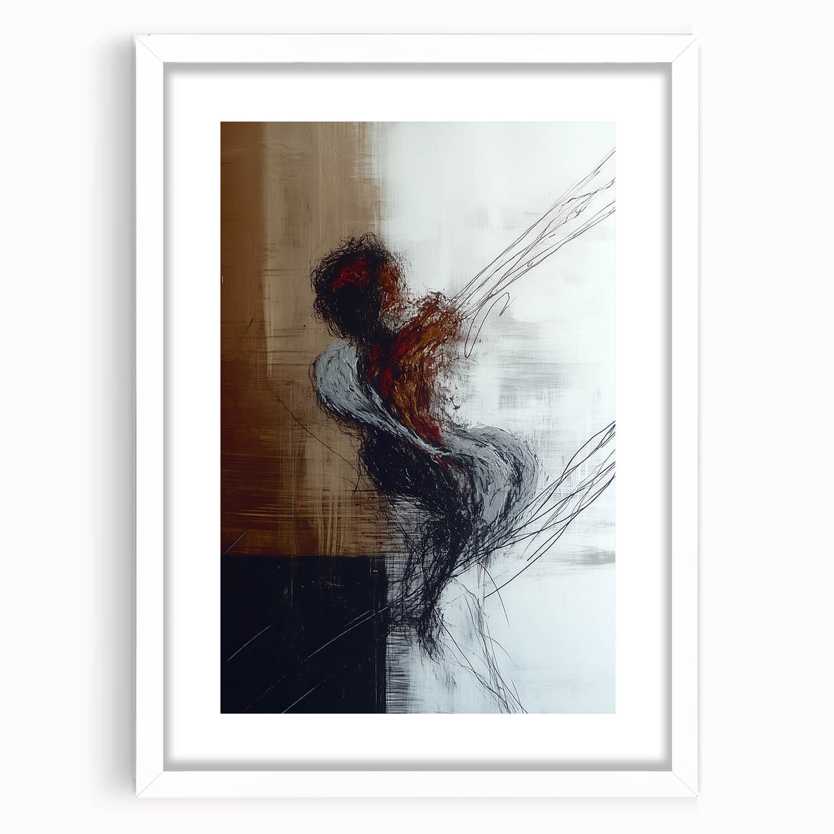 Abstract figurative artwork framed in a sleek white mat, showcasing vibrant colors and dynamic shapes, ideal for modern home decor.