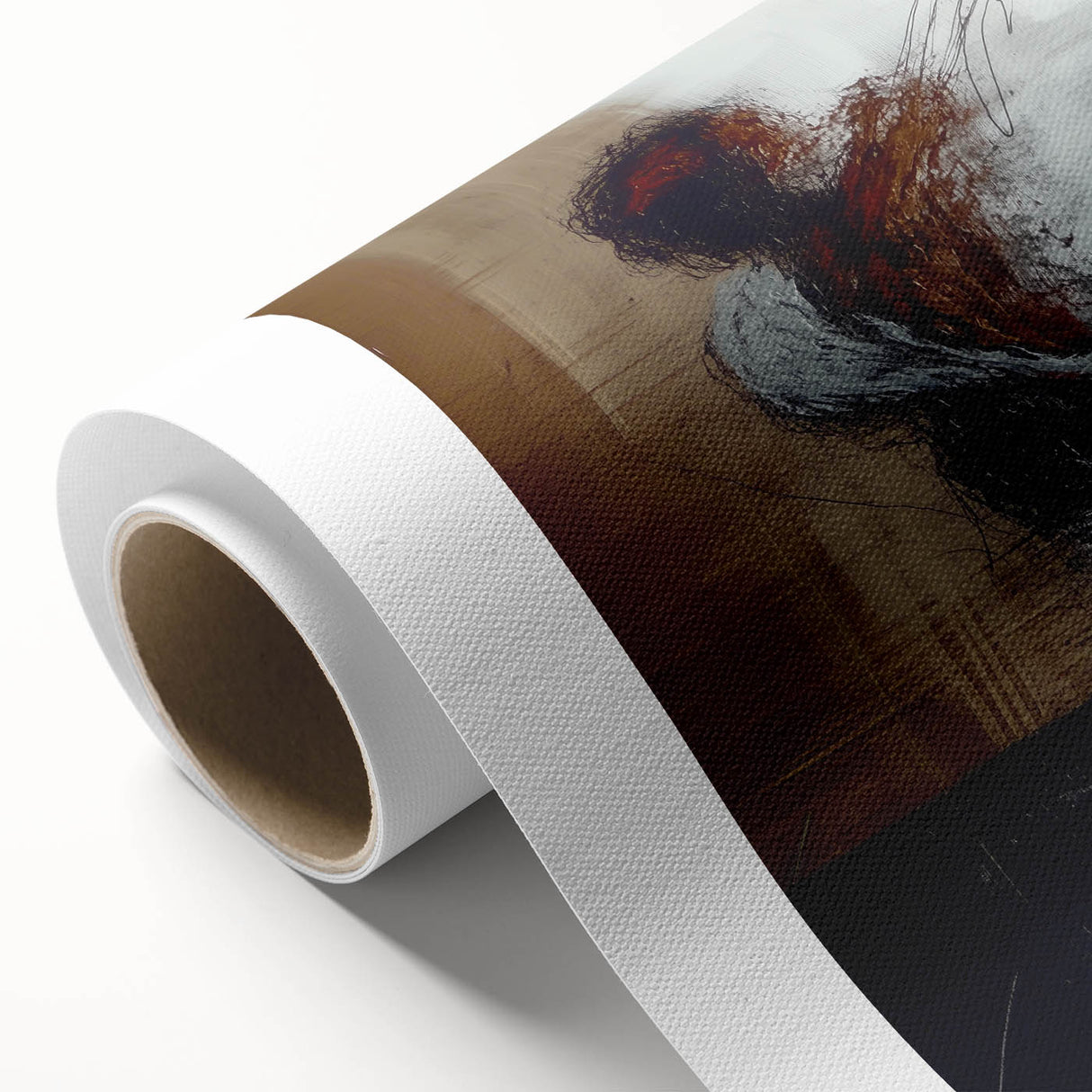 Abstract figurative rolled canvas artwork showcasing vibrant colors and dynamic shapes, ideal for modern home decor. Packaged securely in a protective cardboard tube.