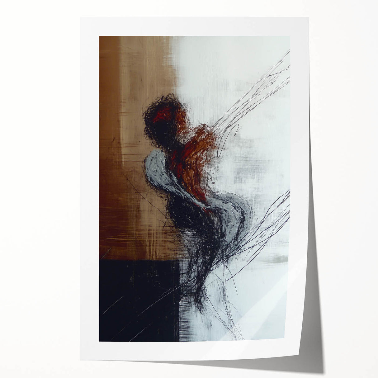 Abstract figurative rolled print showcasing vibrant colors and dynamic shapes, elegantly designed for modern home decor, packaged securely in a tube for safe shipping.