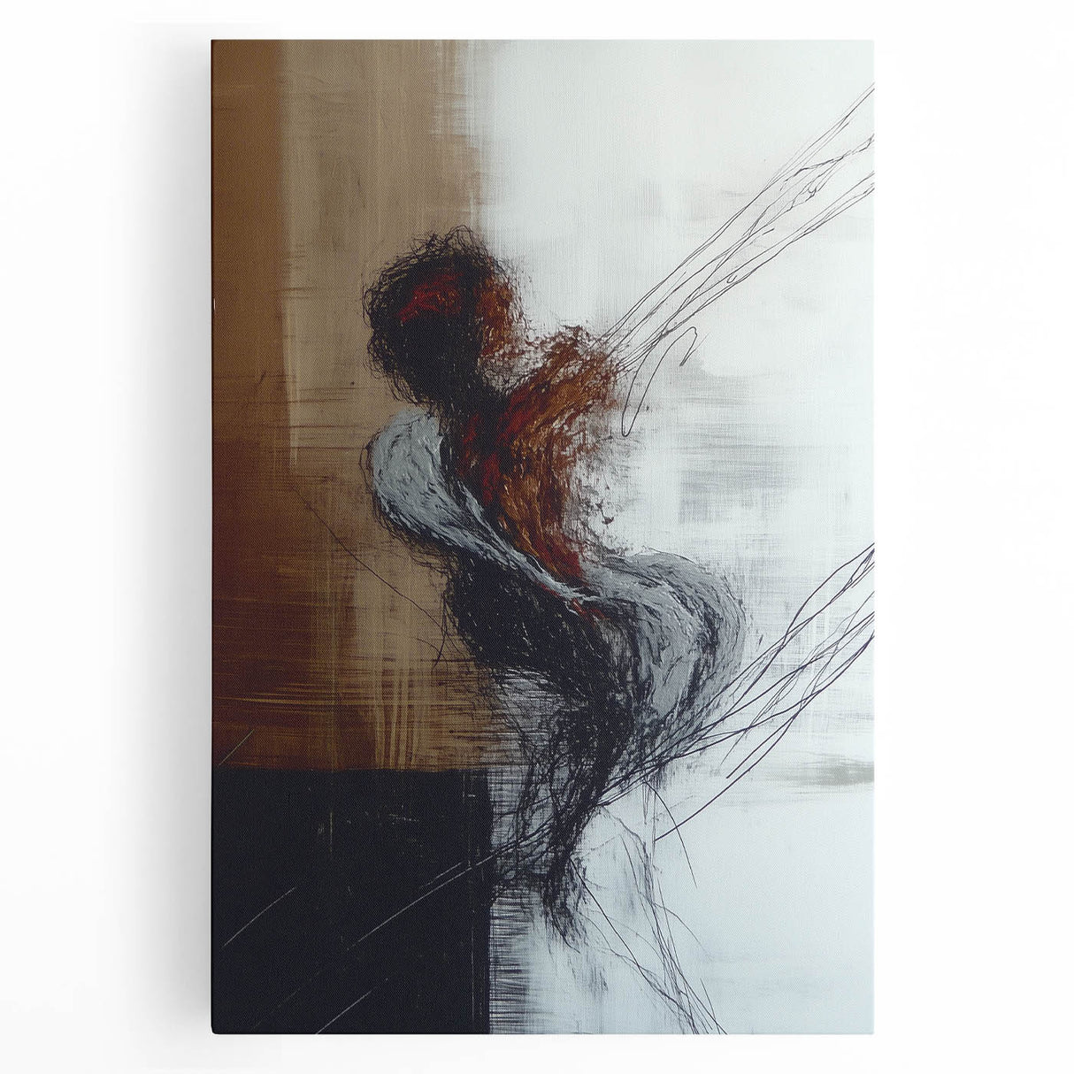 Abstract figurative stretched canvas artwork showcasing vibrant colors and dynamic shapes, perfect for modern home decor and artistic expression.