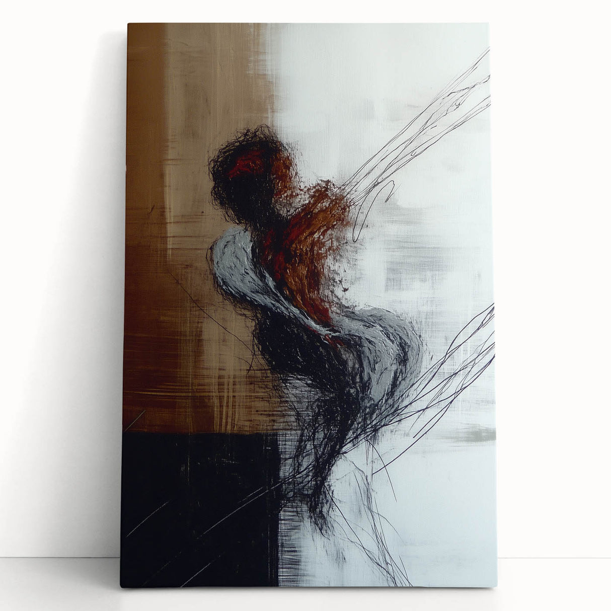 Abstract figurative stretched canvas artwork showcasing vibrant colors and dynamic shapes, leaning against a textured wall, perfect for modern home decor.