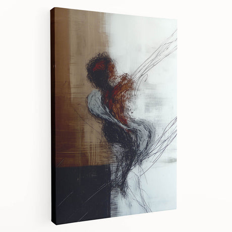 Stretched canvas artwork showcasing an abstract figurative design with vibrant colors, viewed from the side, perfect for modern home decor and enhancing artistic spaces.