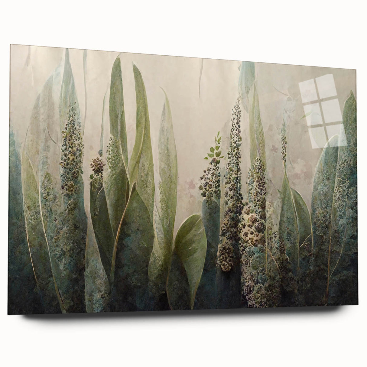 Abstract floral wall art displayed in a sleek acrylic frame, showcasing vibrant colors and intricate patterns, perfect for modern home decor. Side view emphasizes the elegant design and glass finish, enhancing its artistic appeal.