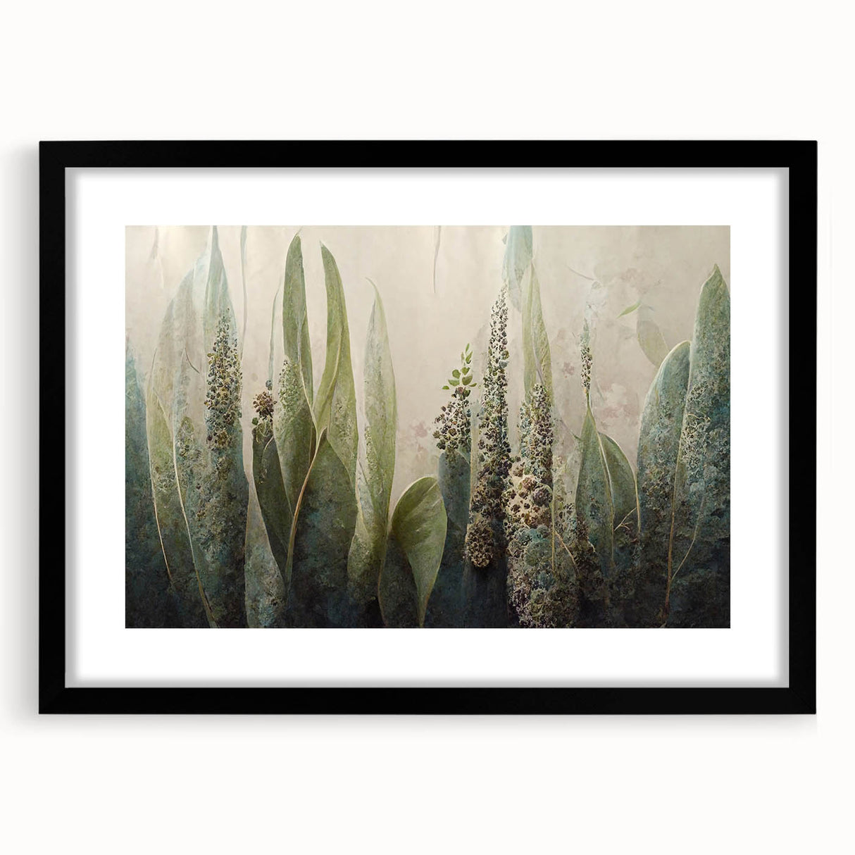 Abstract floral wall art in a black frame with a white mat, showcasing vibrant colors and intricate designs, perfect for modern home decor and artistic displays.