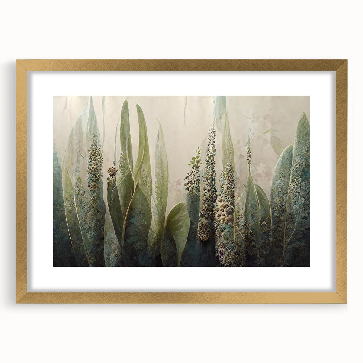 Abstract floral wall art framed in gold, featuring vibrant colors and intricate designs, perfect for home decor. The artwork is elegantly matted, enhancing its visual appeal and making it an ideal centerpiece for modern interiors.