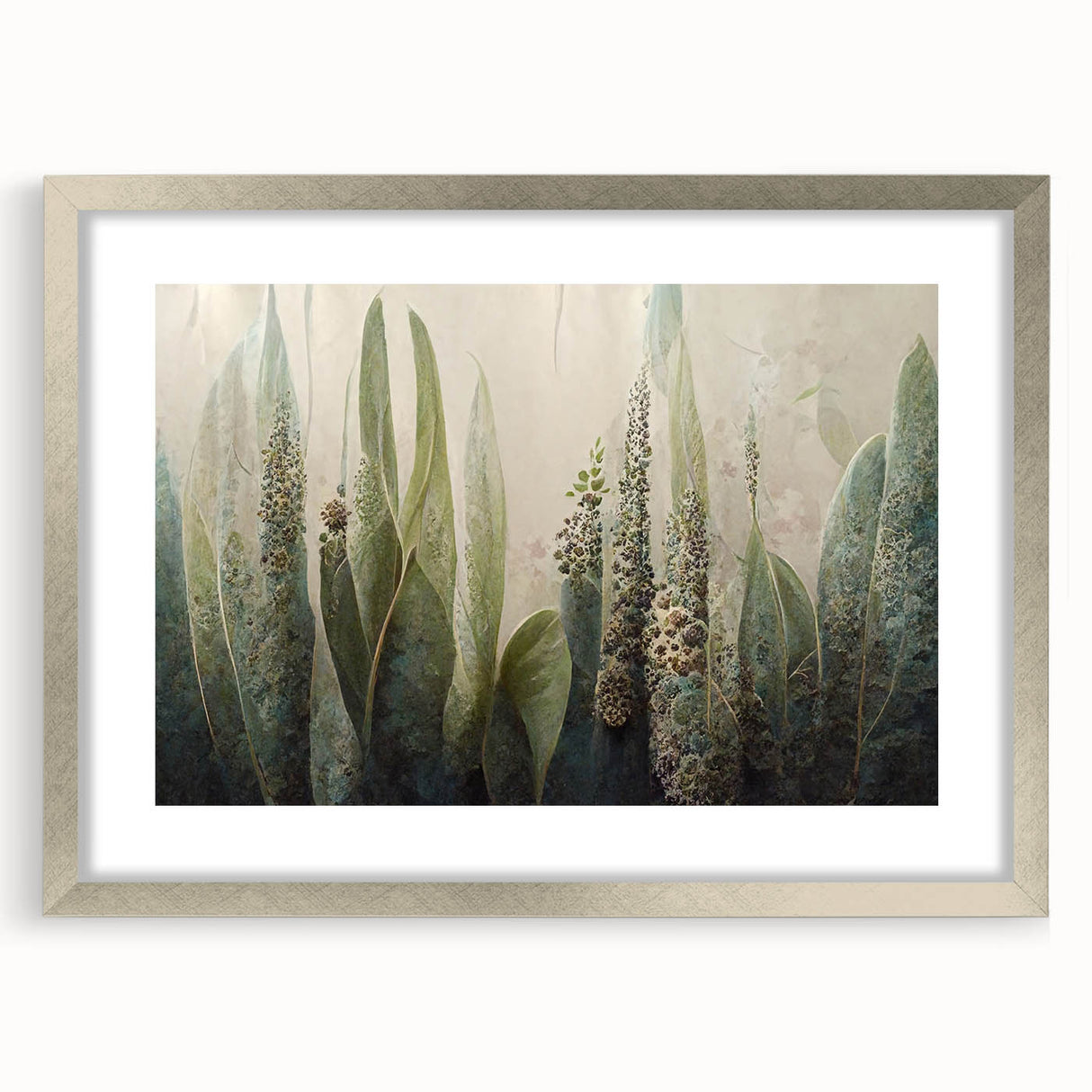 Abstract floral wall art framed in silver with a white mat, showcasing vibrant colors and intricate designs, perfect for modern home decor.