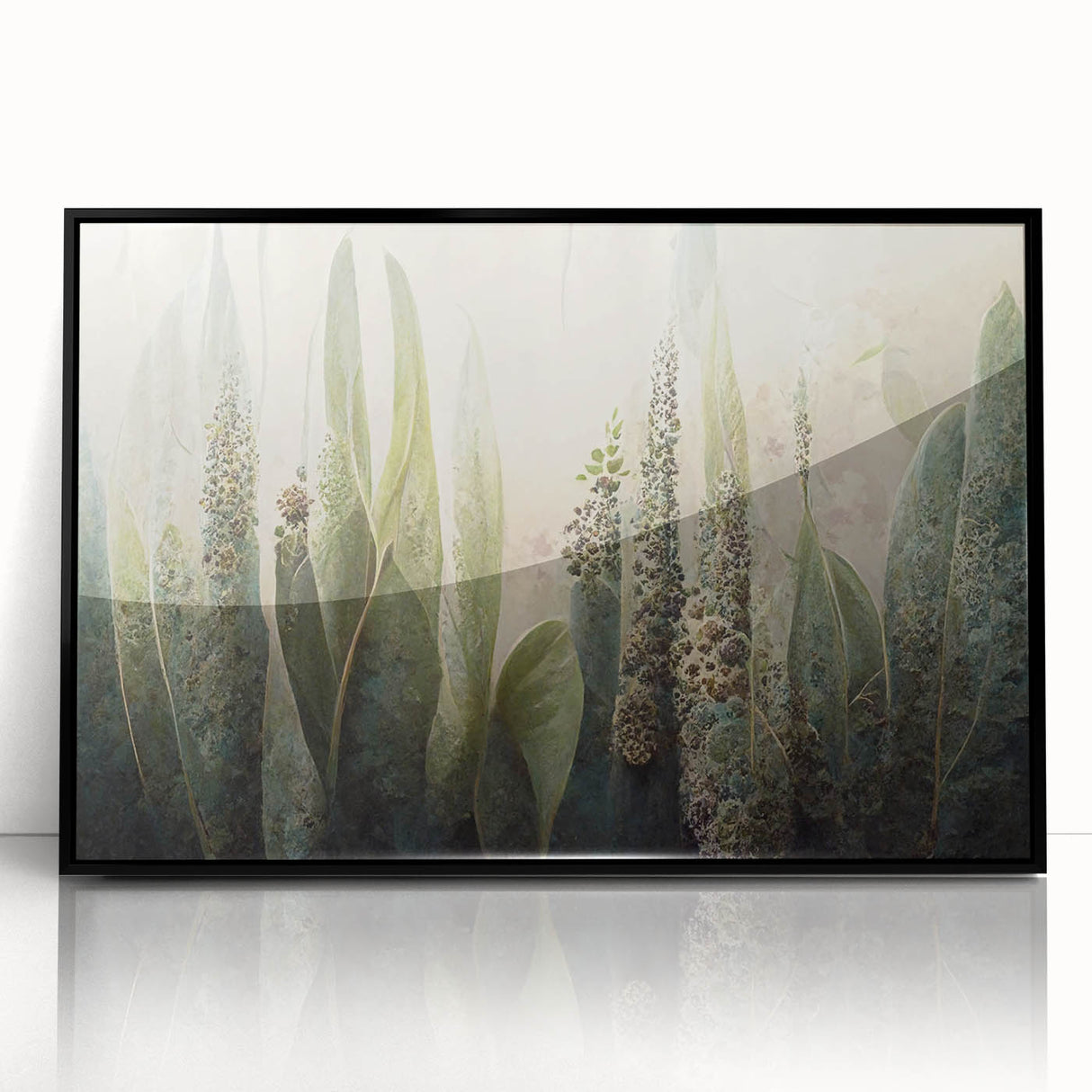 Framed abstract floral wall art featuring vibrant colors and intricate designs, set in a sleek black frame, perfect for modern home decor. Ideal for adding a touch of elegance to any space.