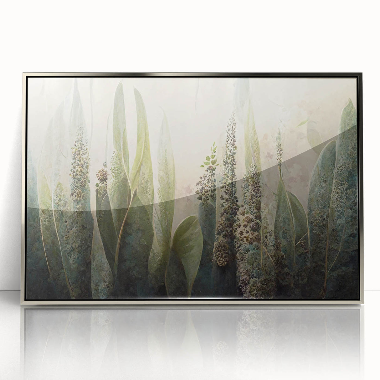 Framed abstract floral wall art featuring vibrant colors and intricate designs, displayed in a sleek silver-acrylic frame, perfect for modern home decor.