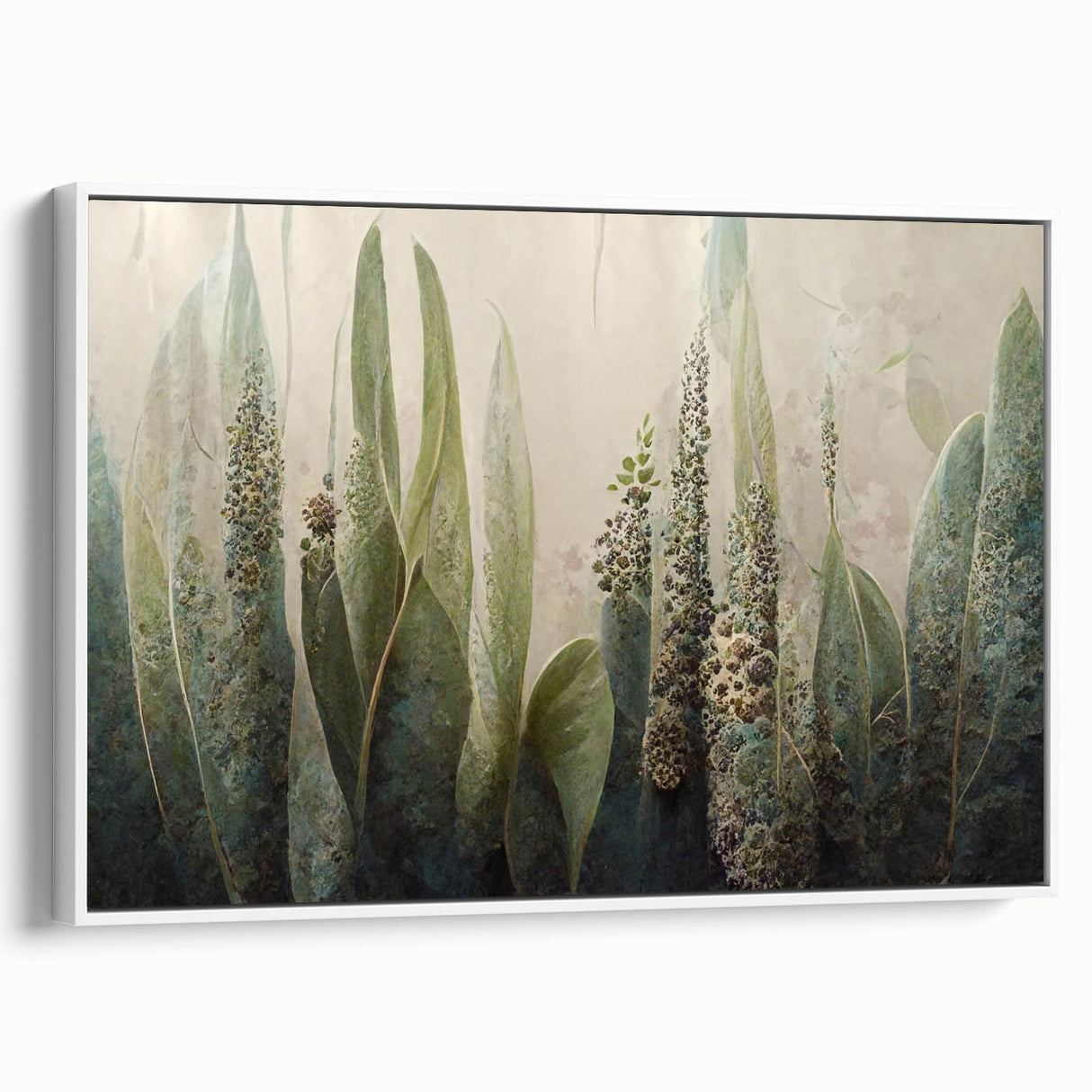 Framed canvas wall art showcasing a vibrant abstract floral design with a white background, offering a modern touch to home decor. Ideal for living rooms or offices.