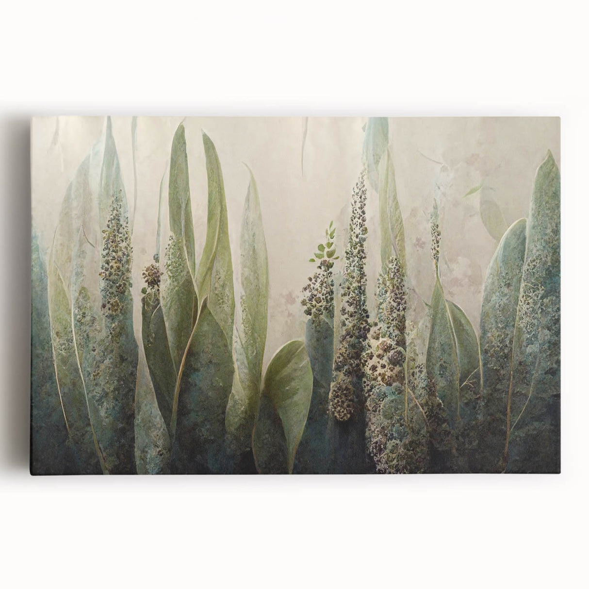 Stretched canvas artwork showcasing a vibrant abstract floral design in hues of pink, blue, and green, perfect for modern home decor. Ideal for adding a pop of color to living spaces.